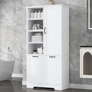 TiramisuBest Tall Bathroom Cabinet with Four Doors, Large Storage Space Open Shelve, Upper Storage Cabinet, Black - 1 of 4