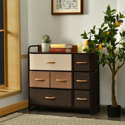 Cream and Brown 7-Drawer Fabric Dresser with Steel Frame