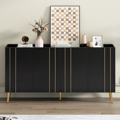 Luxurious Shoe Cabinet With Adjustable Shelves And 5 Metal Legs,Sideboard Cabinet With Gold Lines Doors,Shoe Cabinet For Living Room-Cuddlewood