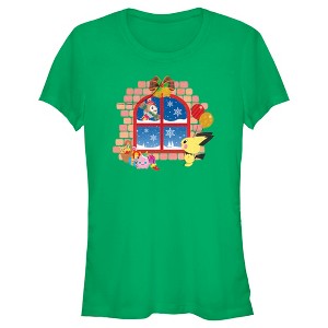 Juniors Womens Pokemon Christmas Window T-Shirt - 1 of 4