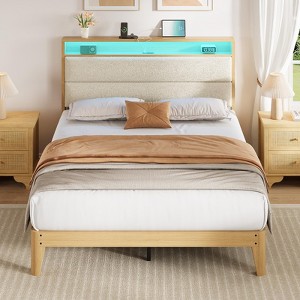 Bed Frame with Storage Headboard, Wood Platform Bed Frame with Charging Station, Wood Slats Support, No Box Spring Needed - 1 of 4