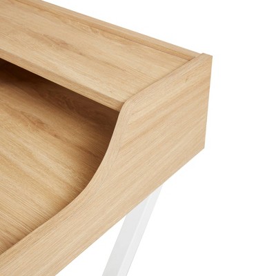 Blonde Wood and White Metal Writing Desk with Storage