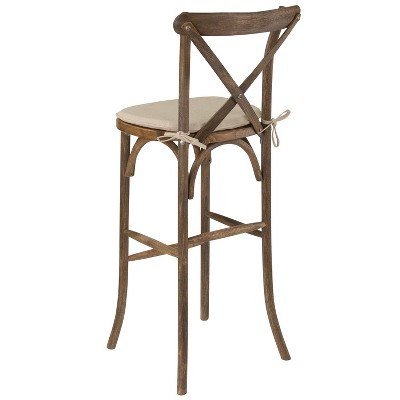 Antique Dark Brown Ash Wood Barstool with Burlap Cushion