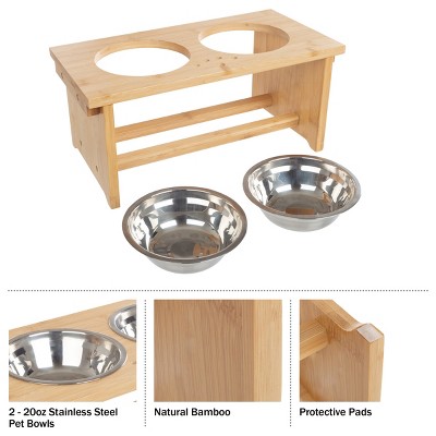 Elevated Bamboo Dog Feeding Station with Stainless Steel Bowls