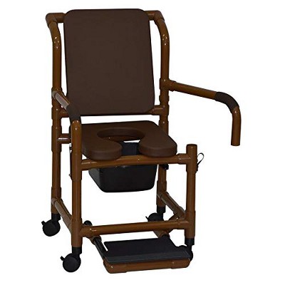 MJM International Corporation Shower Chair 18 In Width 3 In Brown Seat Cushion Padded Back Dual Arms Sliding Footrest 10 Qt Slide Mode Pail 300 Lb Wt