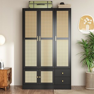 Famapy Black Rustic Closet Cabinet with Rattan Doors Elegant Storage Armoire - 1 of 4