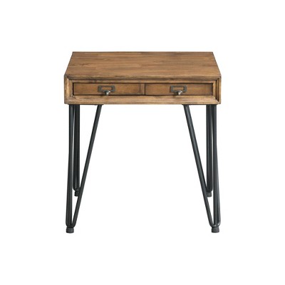 Industrial Charm Square End Table with Storage, Light Walnut & Metal