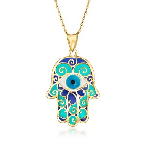 Ross-Simons Blue Enamel Hamsa Hand Pendant Necklace in 14kt Yellow Gold - 1 of 3