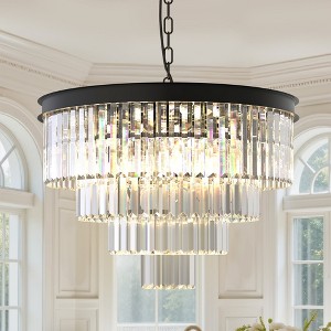 YANSUN 56.7 in. 12-Light Matte Black Drum Chandelier with 4-Tier Triangle Crystal Strips and E12 Base for Dining Room - 1 of 1