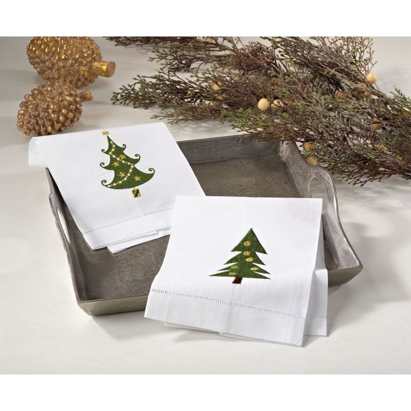 Saro Lifestyle Christmas Tree Embroidery Design Holiday Hemstitched Border Linen Cotton Guest Towel - Set of 4, 14"x22", White, 2 of 3