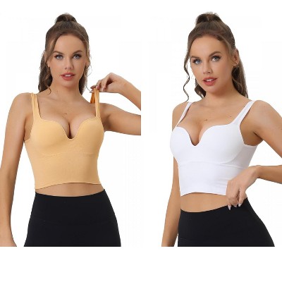 Allegra K Women's Wireless Medium Support Push-Up Fixed Straps Workout Sleep Sports Bra 2 Packs
