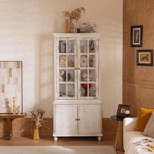 SpassWay 78"H White Washed Vintage Display Cabinet with Glass Doors 3 Sided Glass Farmhouse Storage Hutch for Living Room Kitchen Office Hallway - 1 of 4