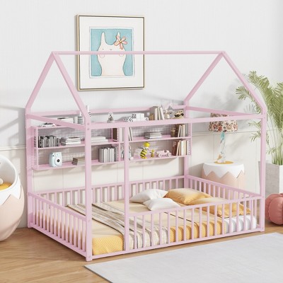 TIRAMISUBEST Twin/Full Size Metal Bed House Bed Frame with Fence and Storage Shelves, House Floor Bed Montessori Bed with Roof Design