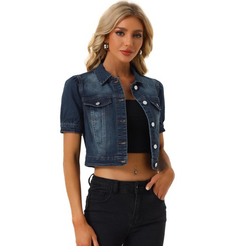 Allegra K Women's Casual Short Sleeves Crop Jean Denim Jacket Blue