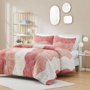 Sapphtopaz Shaggy Faux Fur Comforter Set, Tonal Wave Striped Ombre Bedding Set with Microfiber Reverse (Includes Comforter & Shams) - 1 of 4