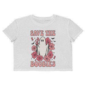 Rerun Island Women Save The Boobies Ghost Short Sleeve Graphic Cotton Cropped Loose T-shirt - 1 of 4