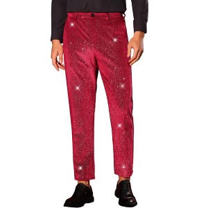 INSPIRE CHIC Men's Velvet Zipper Button Party Straight Leg Shiny Pants - 1 of 4