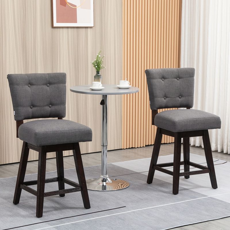 HOMCOM Swivel Bar Stools Set of 2, Fabric Tufted Counter Height Bar Stools with Rubber Wood Legs and Footrest for Dining Room, Kitchen, Pub, 3 of 7