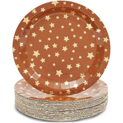 Sparkle and Bash 48-Pack Twinkle Little Star Party Supplies, Disposable Paper Dinner Plates, Brown & Gold, 9"