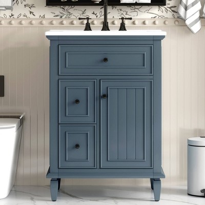 24"W Bathroom Vanity with Ceramic Sink, Bathroom Storage Cabinet with Flip Drawer, White/Black/Light Green/Blue Gray - ModernLuxe