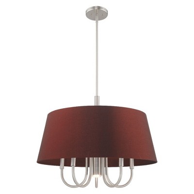 Sleek Brushed Nickel 6-Light Chandelier with Handcrafted Red Wine Fabric Shade
