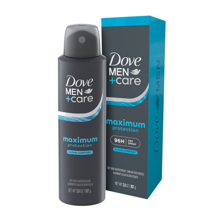 Gray colored spray can with "Dove Men+Care maximum protection clean comfort" text, alongside a matching box.