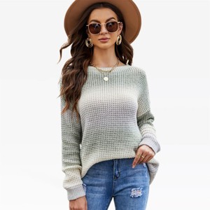 Womens Fall Sweater Waffle Knit Trendy Gradient Sweater with Round Neck Long Sleeve Casual Fit Below Hip Cozy Long Sweater Netted Stitch Knitwear - 1 of 4