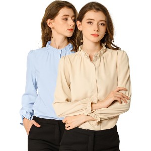 INSPIRE CHIC Women's Button Down Ruffle Collar Long Sleeve Chiffon Shirt 2 Packs - 1 of 4