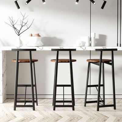 Set of 3 27''H Barstools, Round Wooden Bar Stools with Footrest, Counter Height Kitchen Chairs for Island, Dining Area, or Breakfast Bar-Maison Boucle