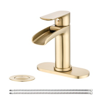 DOMETOUR Brushed Nickel Waterfall Bathroom Faucet with Deck Plate & Pop Up Drain