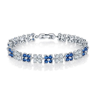 Hollywood Sensation Flower Cubic Zirconia Tennis Bracelet with Round Cut Sapphire Cubic Zirconia 7 Inches Gold
