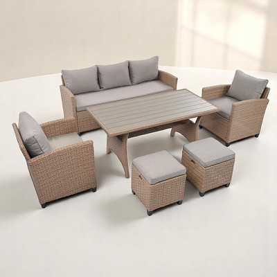 Mshliw 6-Piece Outdoor Rattan Wicker Patio Set - Sofa, Chairs, Stools, and Table, Weather-Resistant, Cushions Included