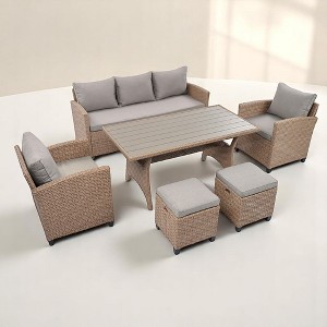 Mshliw 6-Piece Outdoor Rattan Wicker Patio Set - Sofa, Chairs, Stools, and Table, Weather-Resistant, Cushions Included - 1 of 4