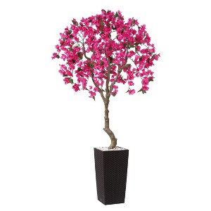 DR.Planzen UV Resistant 6-7FT Pre Potted Artificial Bougainvillea Red Flowers Tree with White Tall Planter for Indoor Outdoor Home Decor - 1 of 4