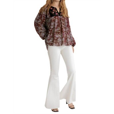 Women's Embroidered Velvet Yoke Floral Blouse - umgee