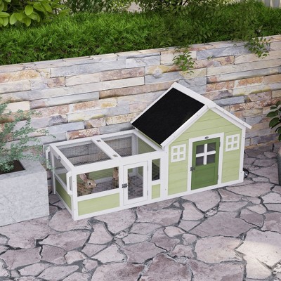 Green and White Wooden Outdoor Rabbit Hutch with Asphalt Roof