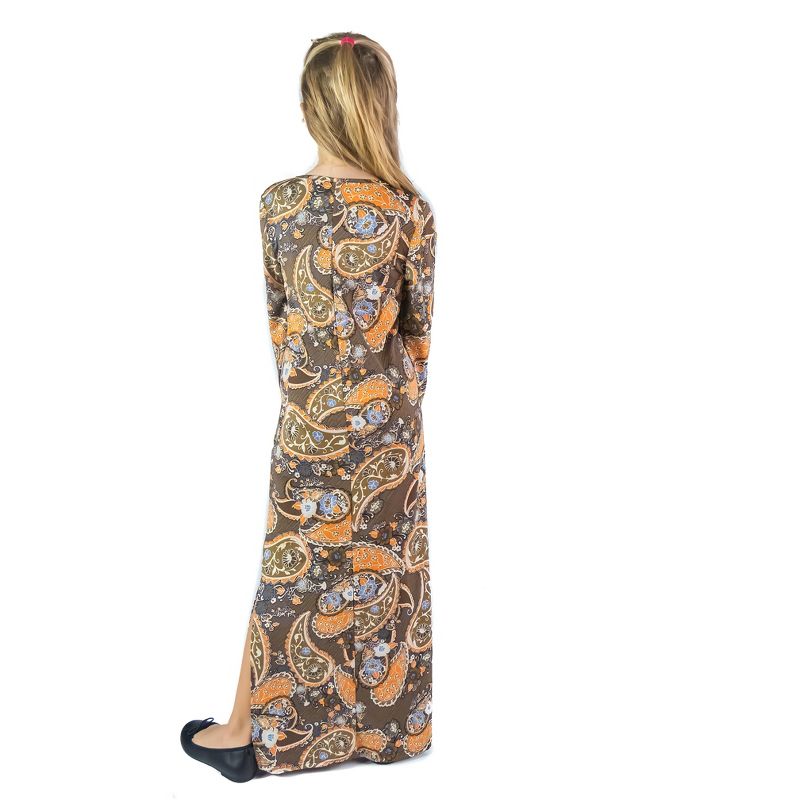 24seven Comfort Apparel Brown Fall Print Girls Long Sleeve Side Slit Maxi Dress, 3 of 5