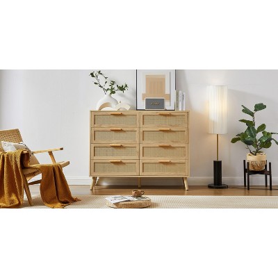 Okak Dresser for Bedroom with 8 Double Rattan Drawer, Wide Chest of Drawers Closet Storage Cabinet Organizer for Living Room Hallway Nursery, Natural