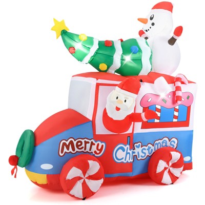 Tangkula 6 FT Christmas Inflatable Santa Claus Driving Car with Xmas Tree & Snowman Christmas Decorations with Santa Claus & Wreath Stakes & Ropes