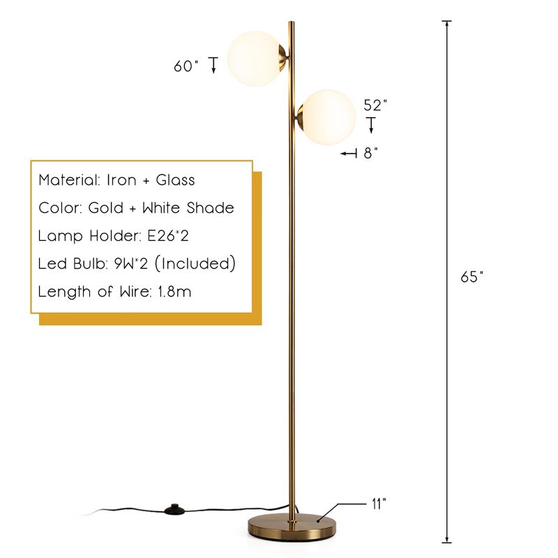 Costway 65''Sphere LED Floor Lamp w/2 LED Light Bulbs Foot Switch Bedroom Office Silver\Gold, 4 of 11