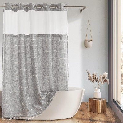 River Dream Farmhouse Linen Textured Shower Curtain with Snap-in Liner Set, No Hooks Needed, with Tassels for Rustic Bathroom Decor