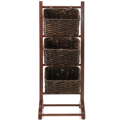 Walnut 3-Tier Floor Stand with Water Hyacinth Baskets