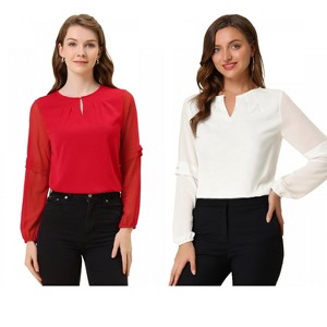 Allegra K Women's Chiffon Semi Sheer Keyhole Neck Elegant Work Blouse 2 Packs - 1 of 4