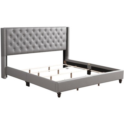 Julie Light Grey Velvet Tufted Upholstered King Bed with Nailhead Trim