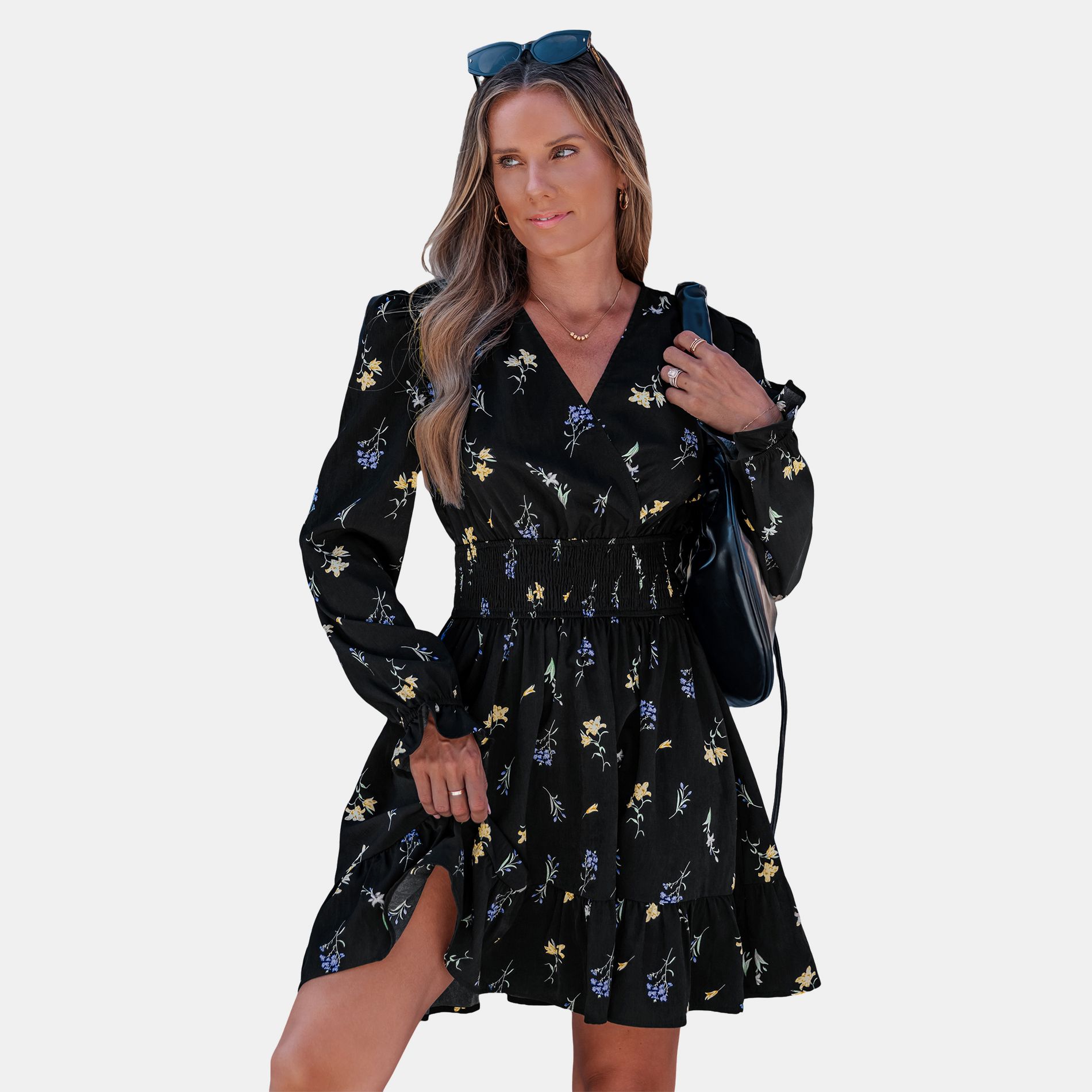 Women's Floral Print Puff Sleeve Smocked Mini - Cupshe-XL-Black Floral