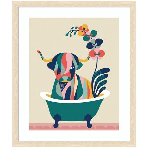 Kate and Laurel Framed Art Mid Century Modern Cow in Bathtub by Rachel Lee, 22x26, Woodgrain Stripe Blonde - 1 of 4