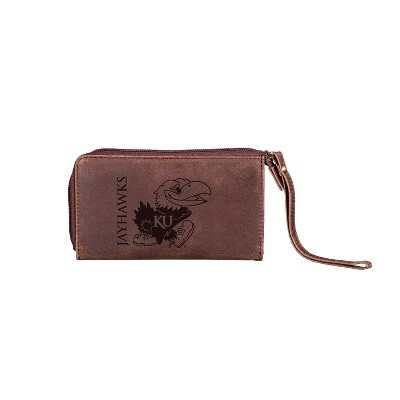 Evergreen NCAA Kansas Jayhawks Brown Leather Women's Wristlet Wallet Officially Licensed with Gift Box