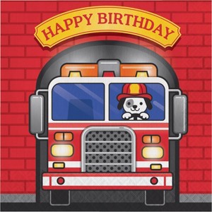 48ct Fire Trucks Birthday Napkins Red - 1 of 3