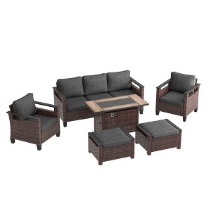 Sonkuki 6 Pieces Patio Sofa with Rectangle Fire Pit Table and Ottomans, Patio Conversation Couch with Cushion - 1 of 4