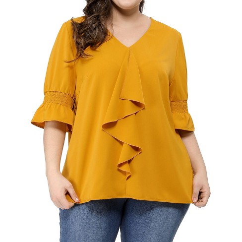 Unique Bargains Women's Plus Size Blouse Round Neck Work Ruffle Chiffon  Tops 